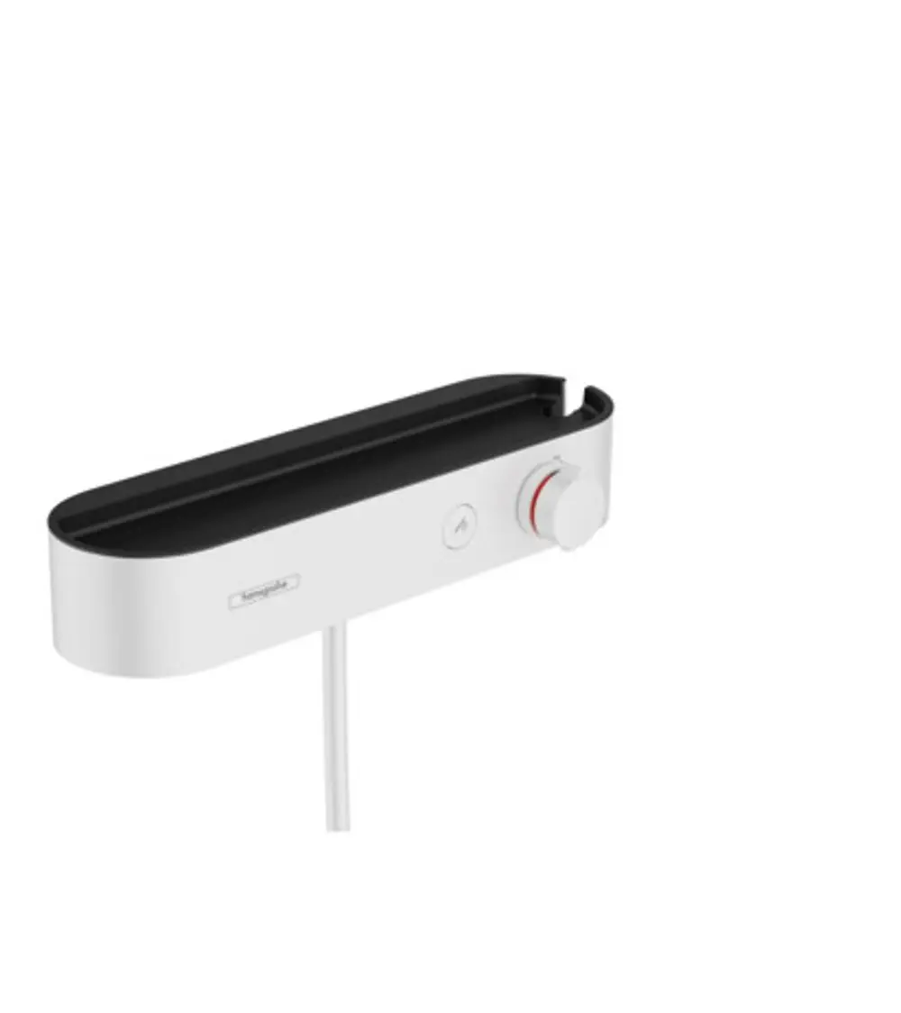 Brausethermostat von Hansgrohe in Mattweiß, mit einem langen, flachen Gehäuse und einer Dreh- sowie Drucktaste für die Steuerung der Wassertemperatur und -menge.